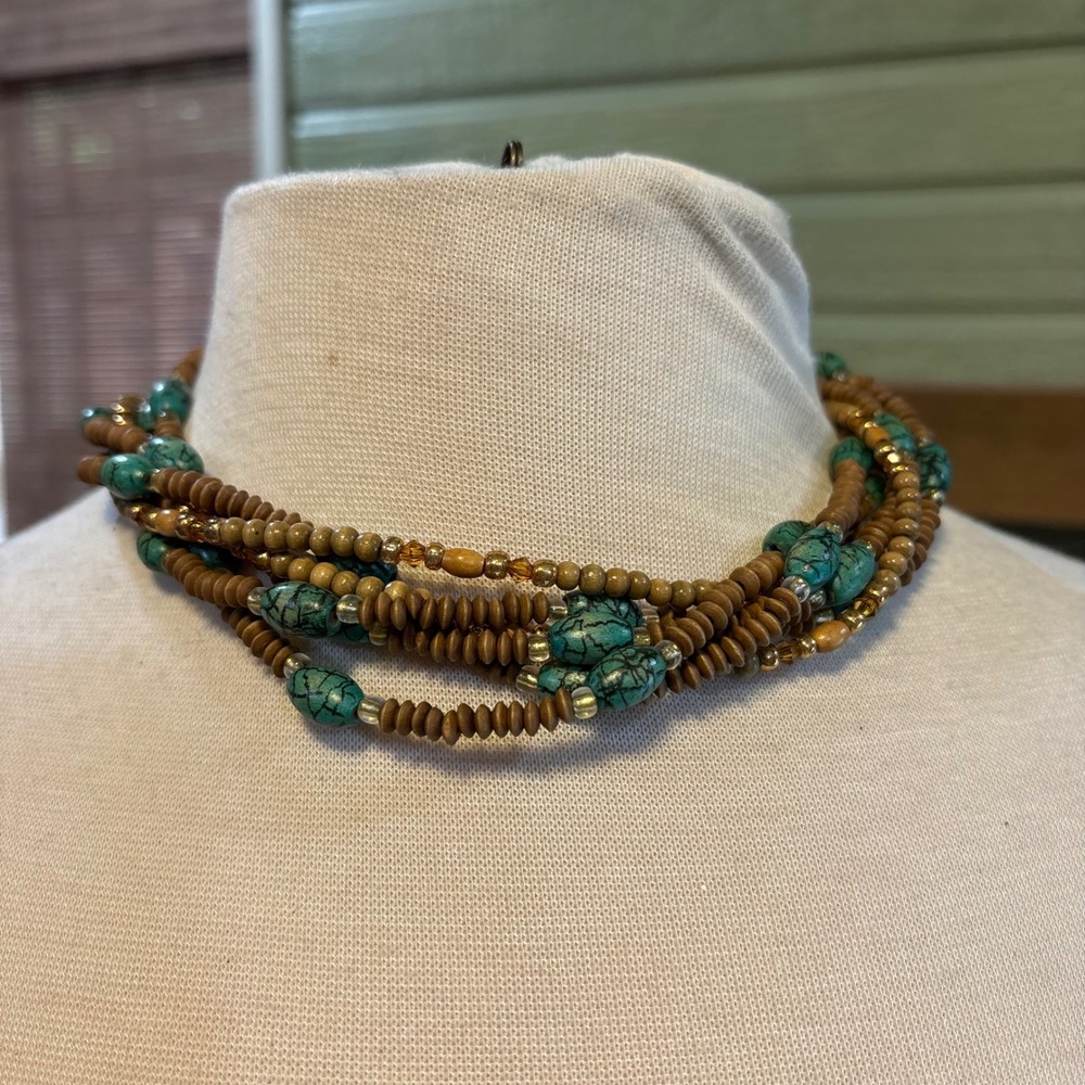 Napier Multi Strand Wooden Twist Necklace Faux Turquoise Beads‎ Gold Tone